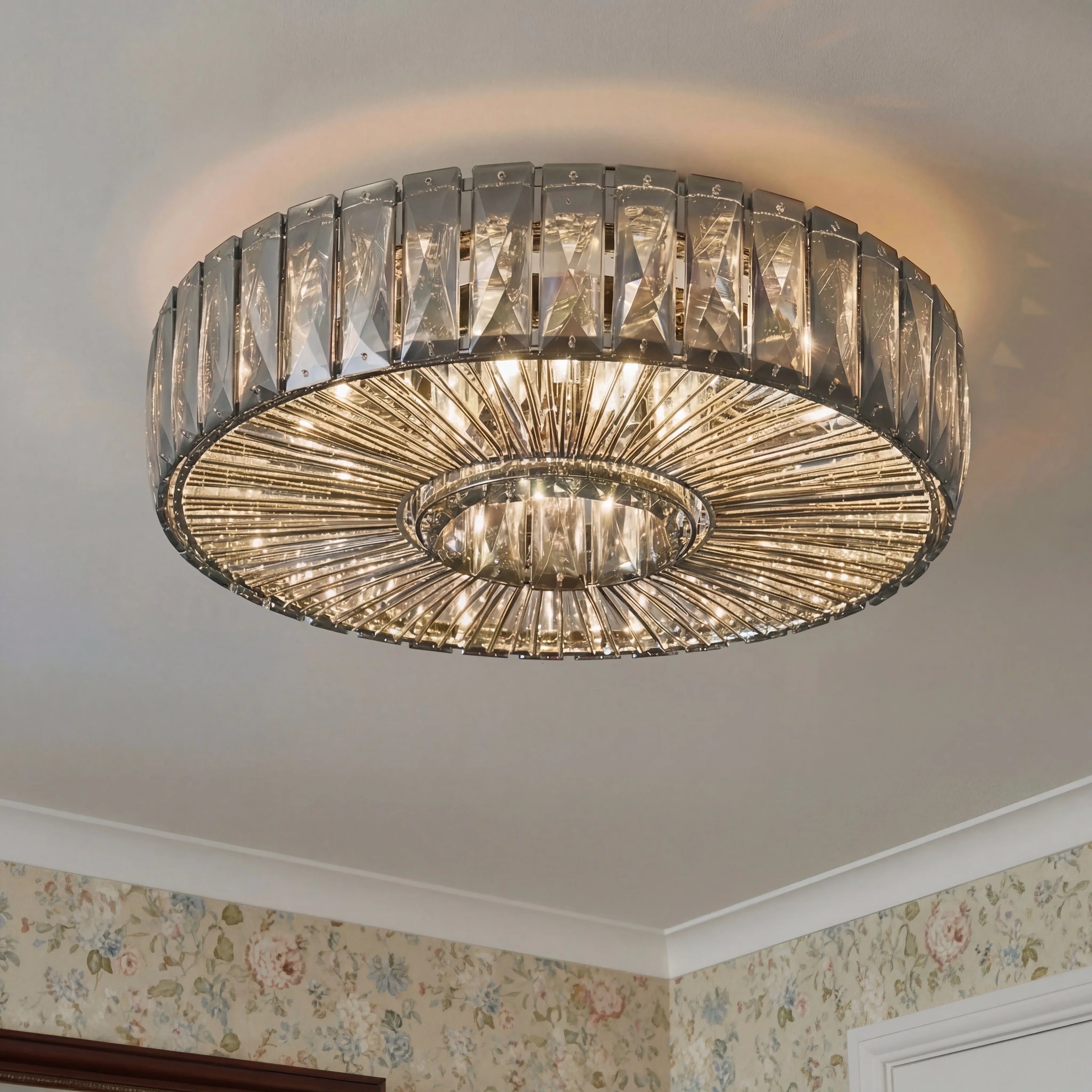 Round Glass Flush Ceiling Light with Dimmable LED Source