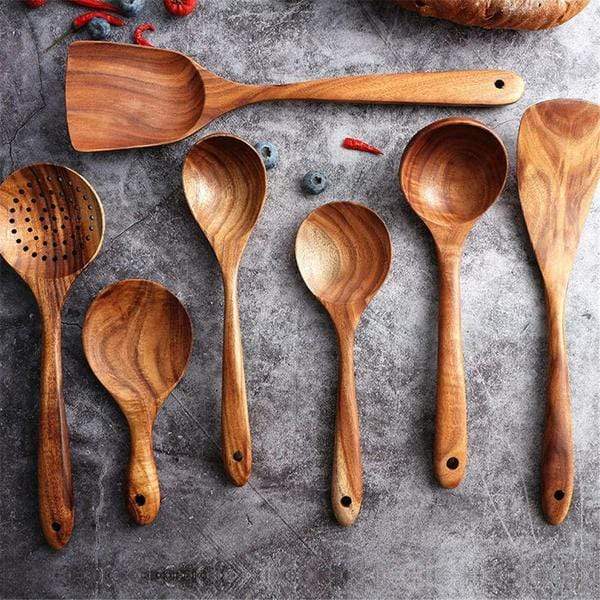 Teak Wood Cooking Utensil Set Seven Piece Kitchen Tools