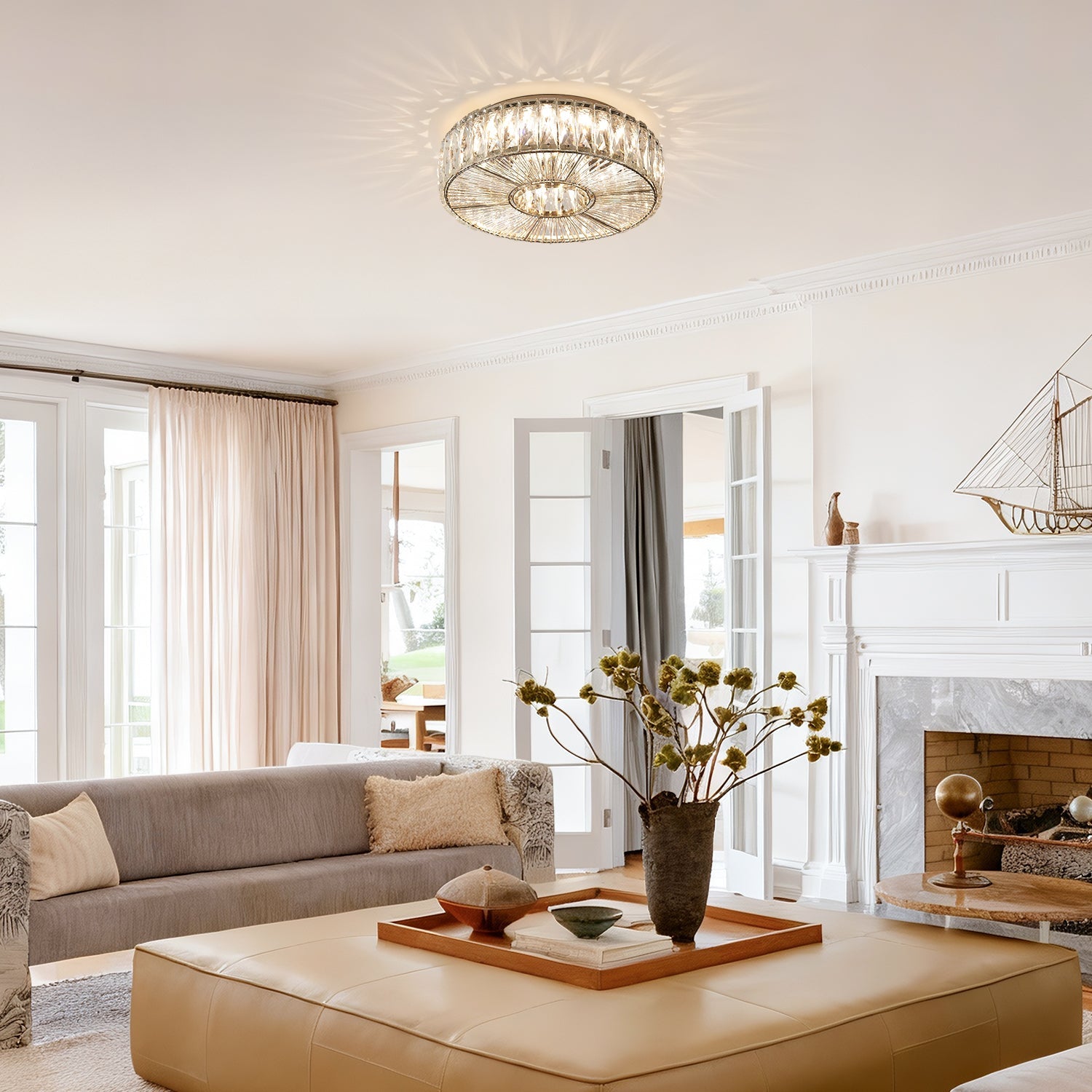 Round Glass Flush Ceiling Light with Dimmable LED Source