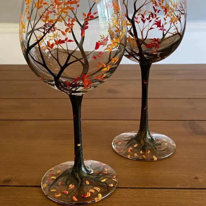 Hand Painted Four Seasons Tree Wine Glass Set