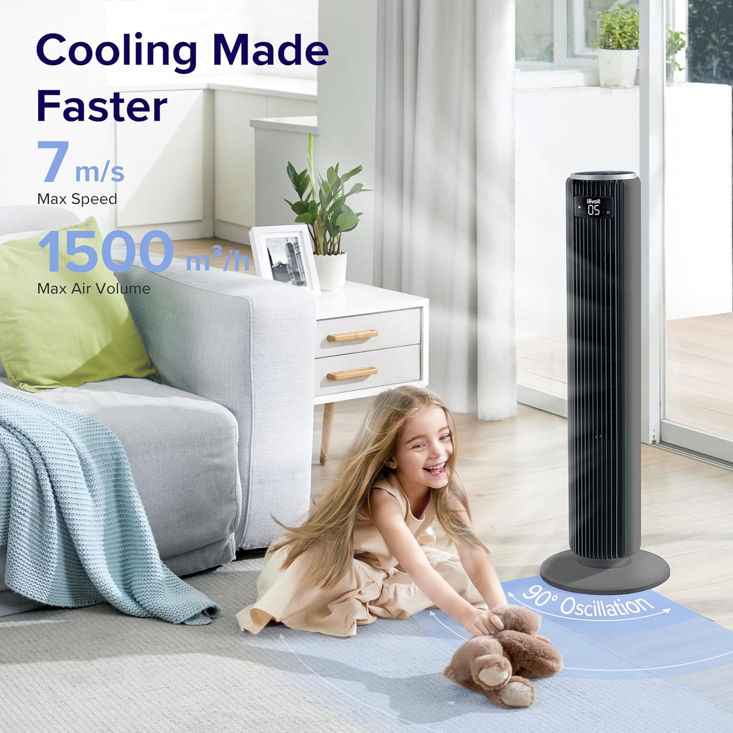 36 inch Oscillating Tower Fan with Timer Grey