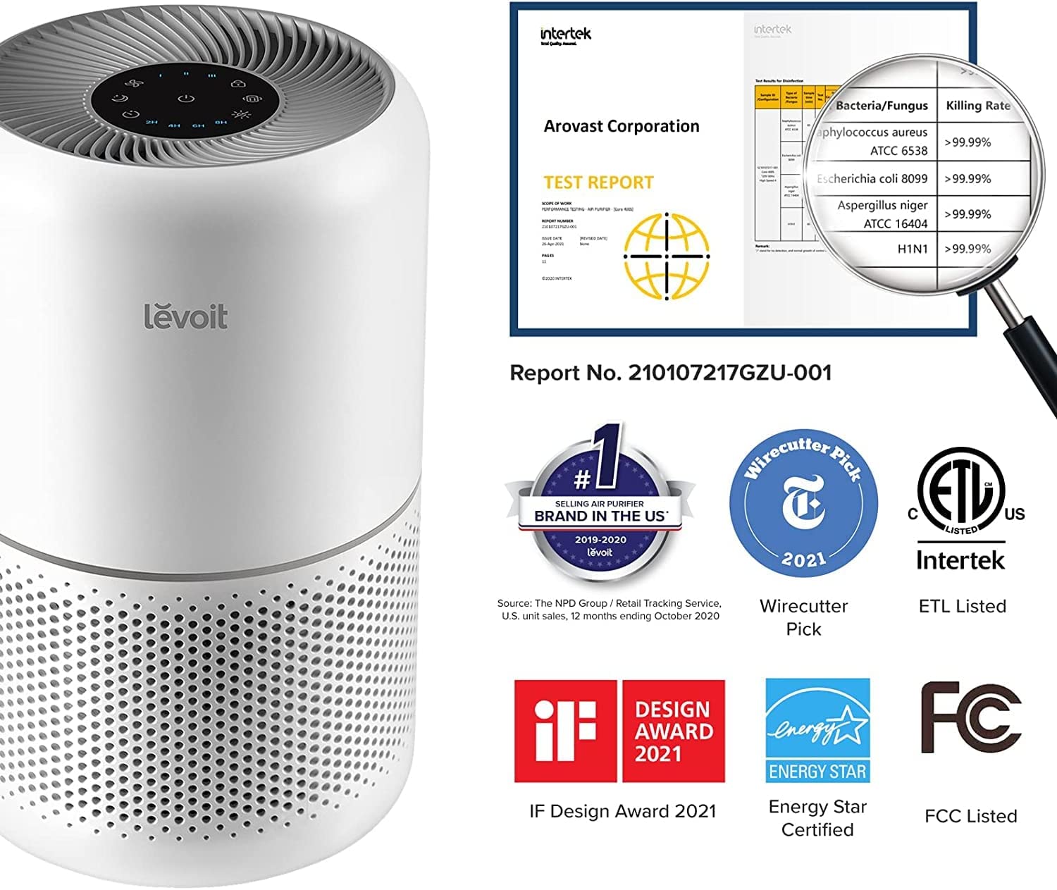 Air Purifier HEPA Activated Carbon Filter Timer Fan Settings