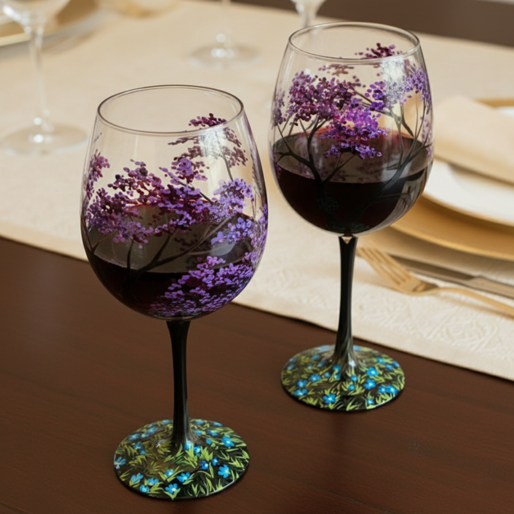 Hand Painted Four Seasons Tree Wine Glass Set