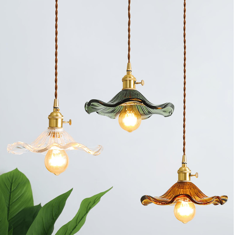 Glass Hibiscus Flower Pendant Lamp with Brass Frame Fixture