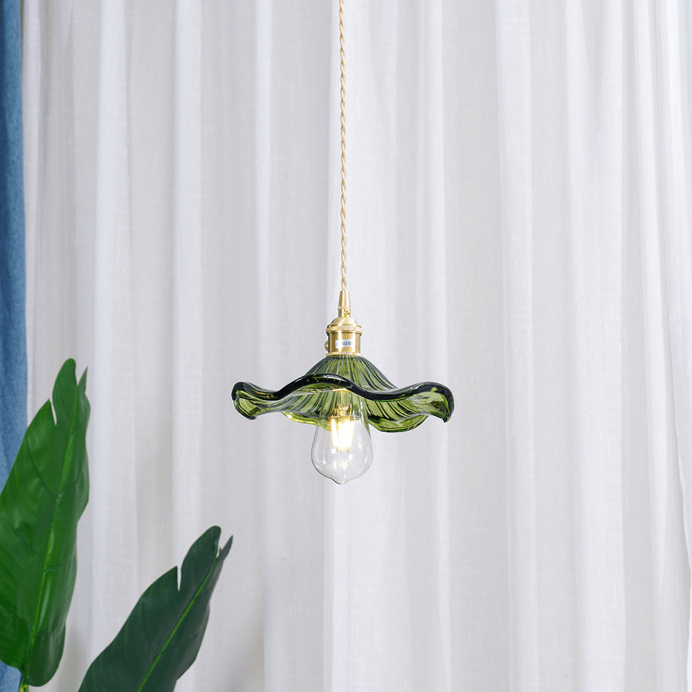 Glass Hibiscus Flower Pendant Lamp with Brass Frame Fixture