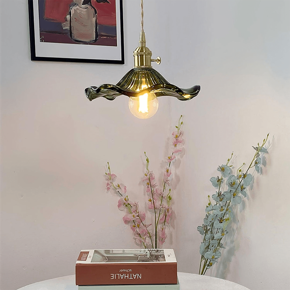 Glass Hibiscus Flower Pendant Lamp with Brass Frame Fixture