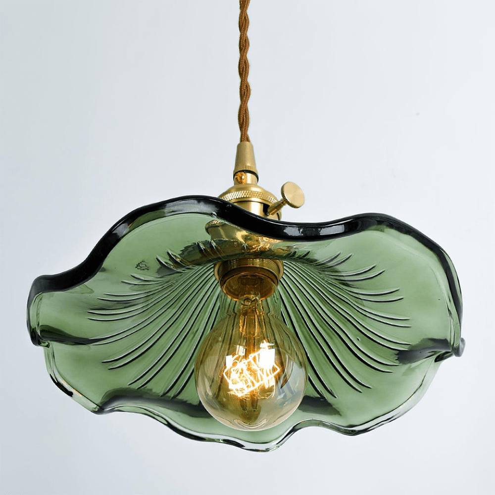 Glass Hibiscus Flower Pendant Lamp with Brass Frame Fixture