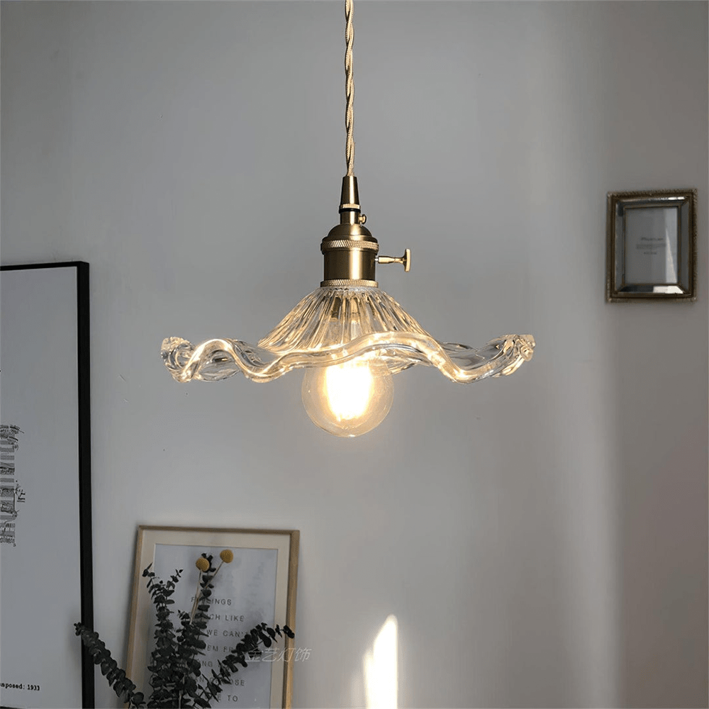Glass Hibiscus Flower Pendant Lamp with Brass Frame Fixture