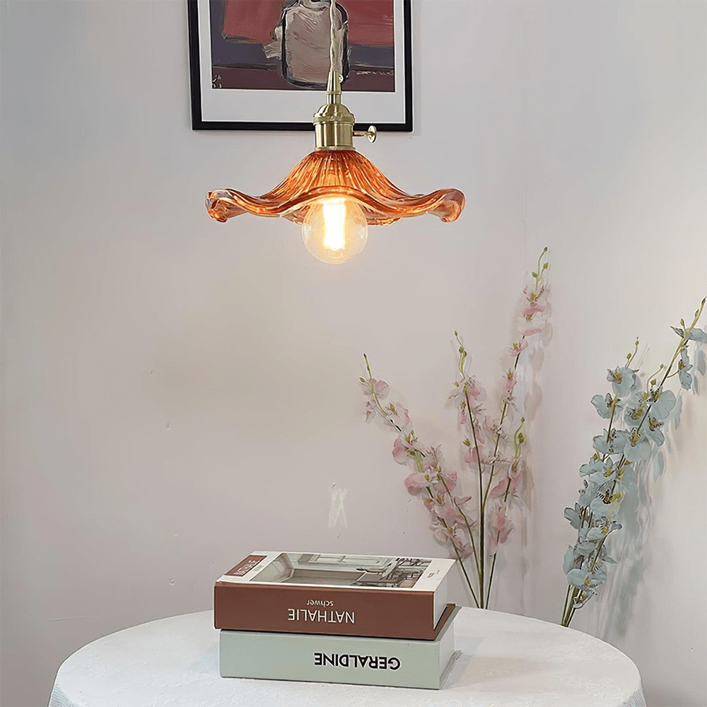 Glass Hibiscus Flower Pendant Lamp with Brass Frame Fixture