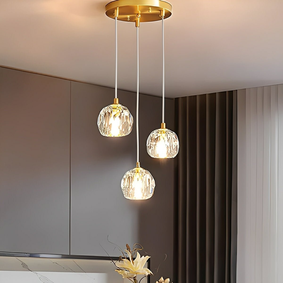 Gold Crystal Pendant Light with Adjustable Height LED Bulb