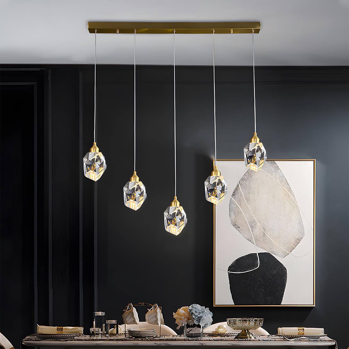 Gold Crystal Pendant Light with Adjustable Height LED Bulb