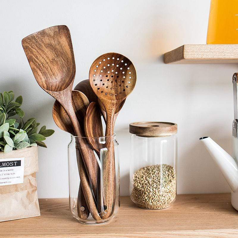 Teak Wood Cooking Utensil Set Seven Piece Kitchen Tools