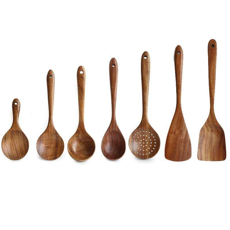 Teak Wood Cooking Utensil Set Seven Piece Kitchen Tools