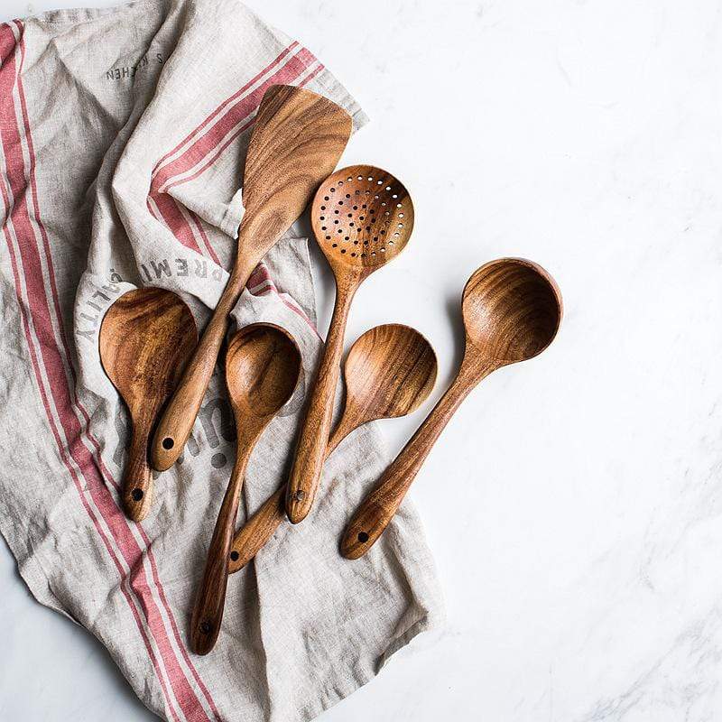 Teak Wood Cooking Utensil Set Seven Piece Kitchen Tools