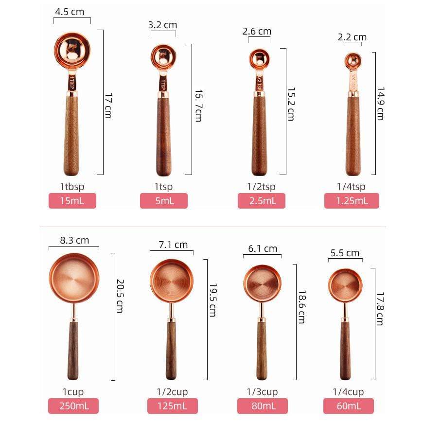 Copper Plated Stainless Steel Measuring Set Walnut Handle