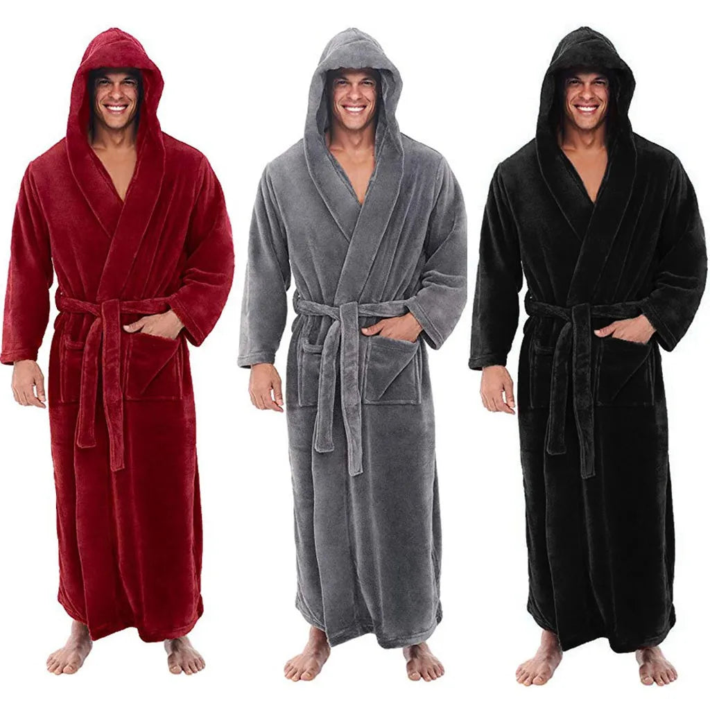 Hooded Long Bathrobe Plush Fabric with Sizes Men