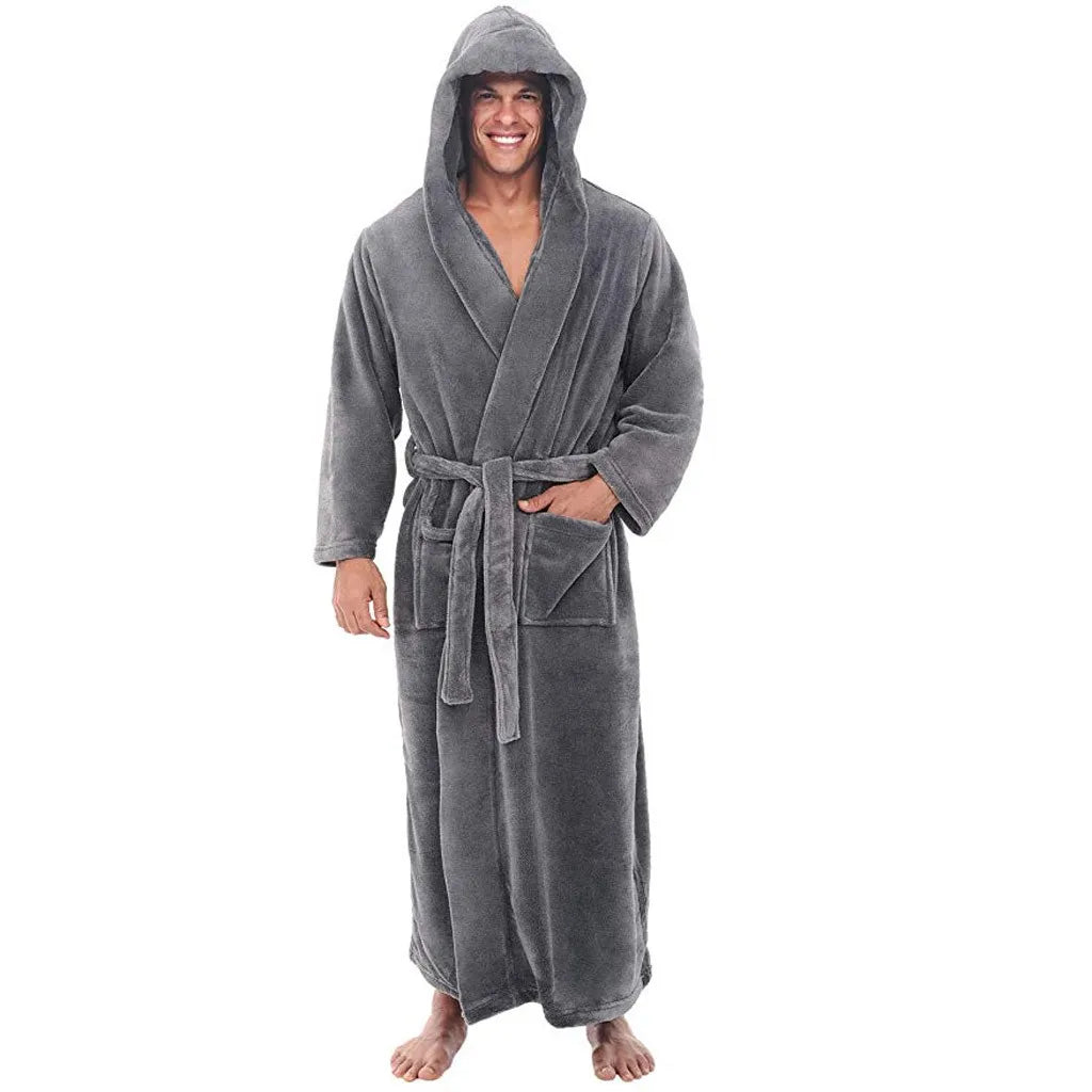 Hooded Long Bathrobe Plush Fabric with Sizes Men