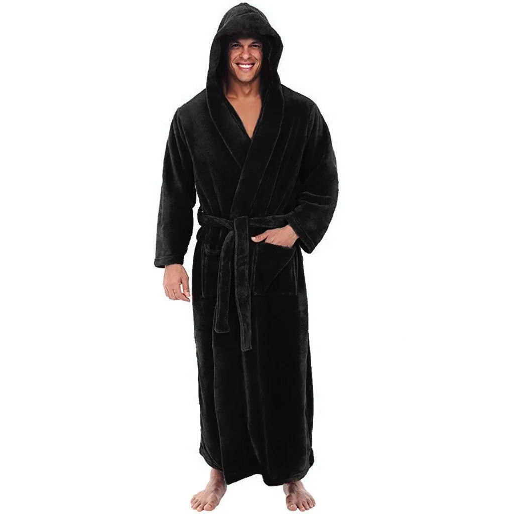 Hooded Long Bathrobe Plush Fabric with Sizes Men