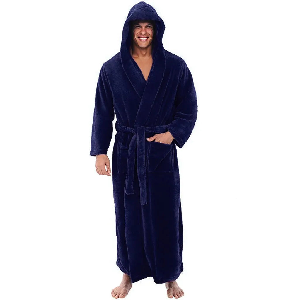Hooded Long Bathrobe Plush Fabric with Sizes Men