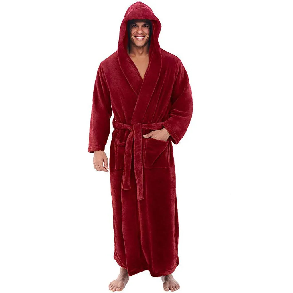 Hooded Long Bathrobe Plush Fabric with Sizes Men
