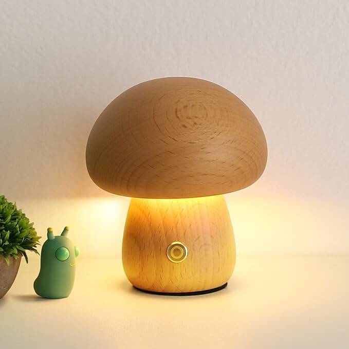 Mushroom LED Night Light with Wood ABS Rechargeable Battery