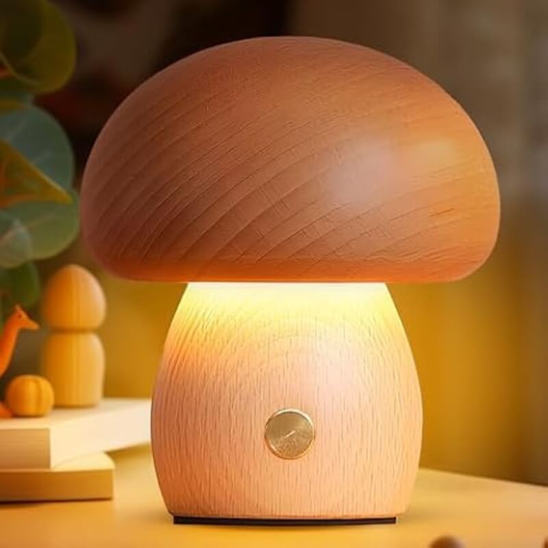 Mushroom LED Night Light with Wood ABS Rechargeable Battery