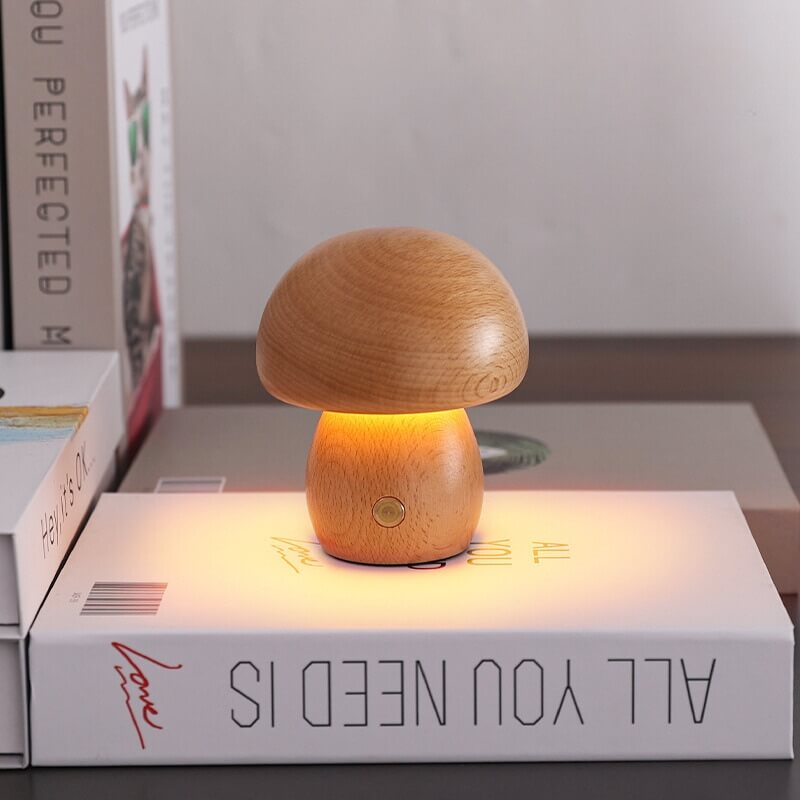Mushroom LED Night Light with Wood ABS Rechargeable Battery