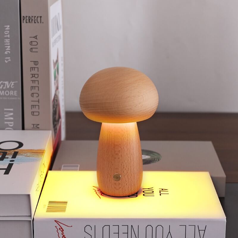 Mushroom LED Night Light with Wood ABS Rechargeable Battery