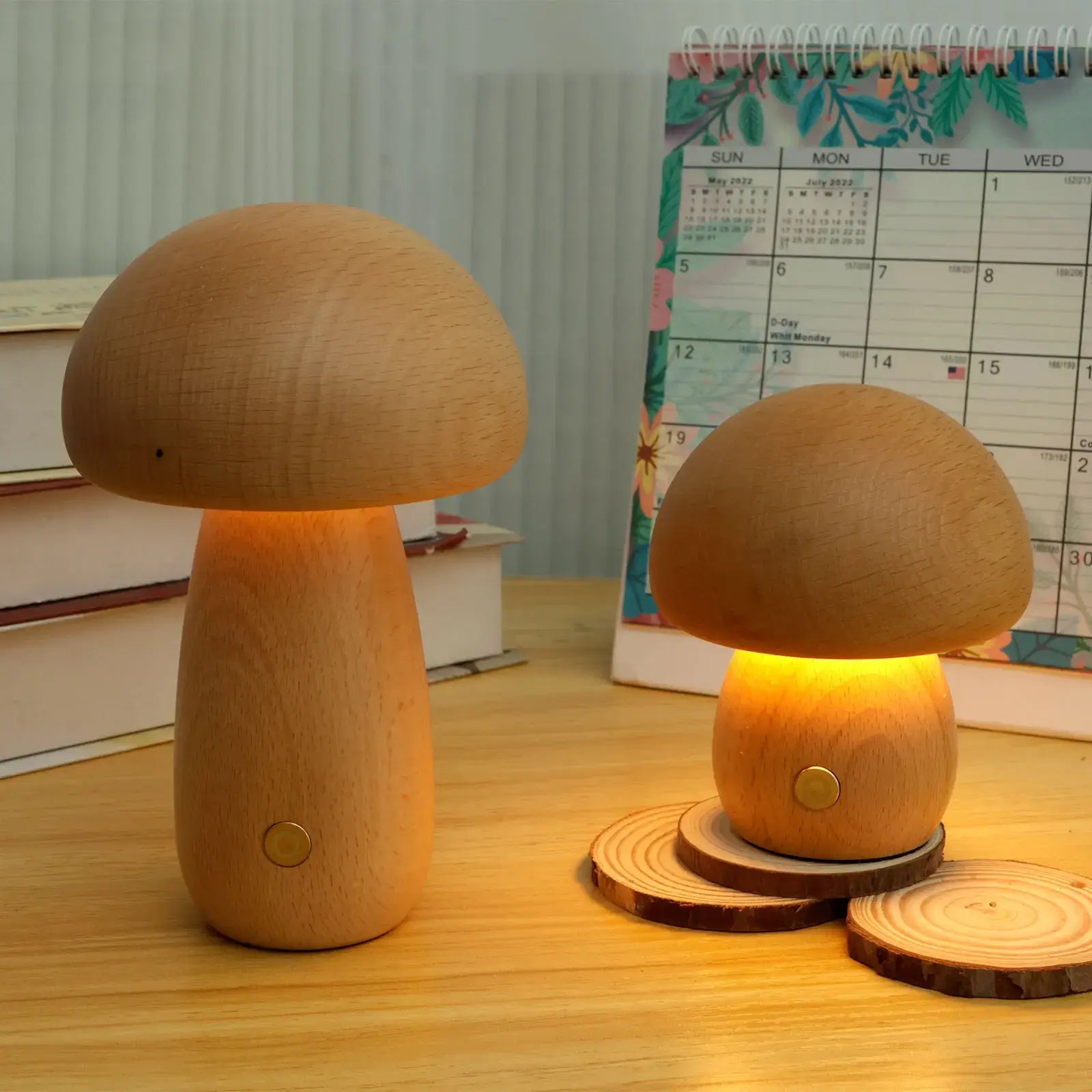 Mushroom LED Night Light with Wood ABS Rechargeable Battery