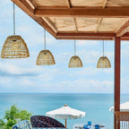 Outdoor Solar Bell Pendant Light with Rattan Iron Shade