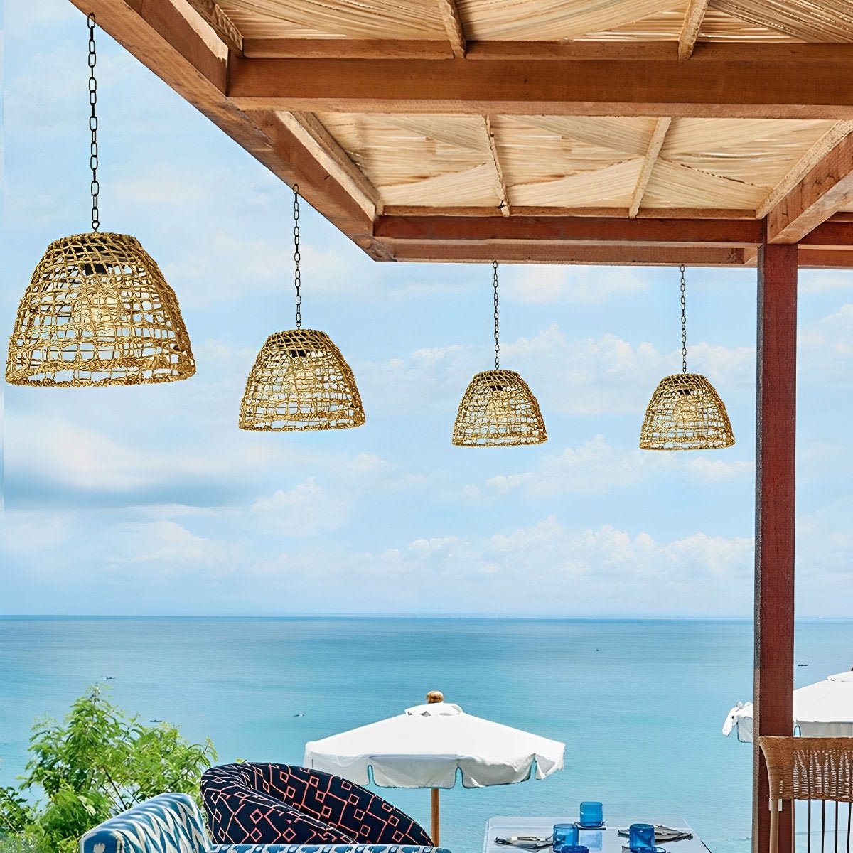 Outdoor Solar Bell Pendant Light with Rattan Iron Shade