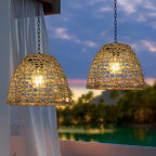 Outdoor Solar Bell Pendant Light with Rattan Iron Shade