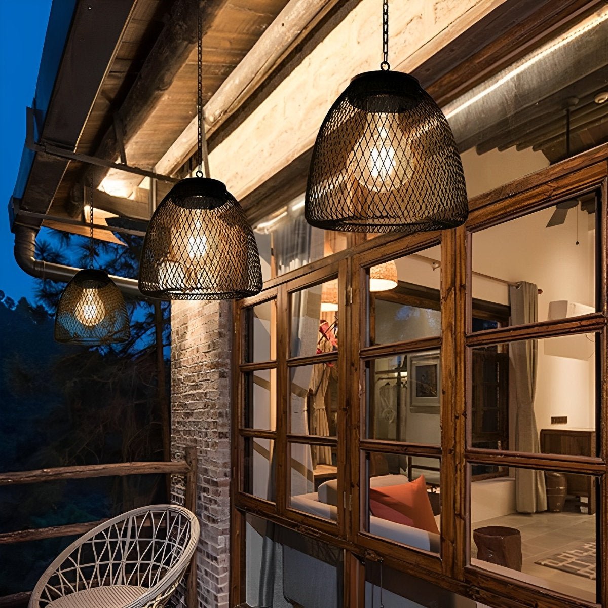 Outdoor Solar Bell Pendant Light with Rattan Iron Shade