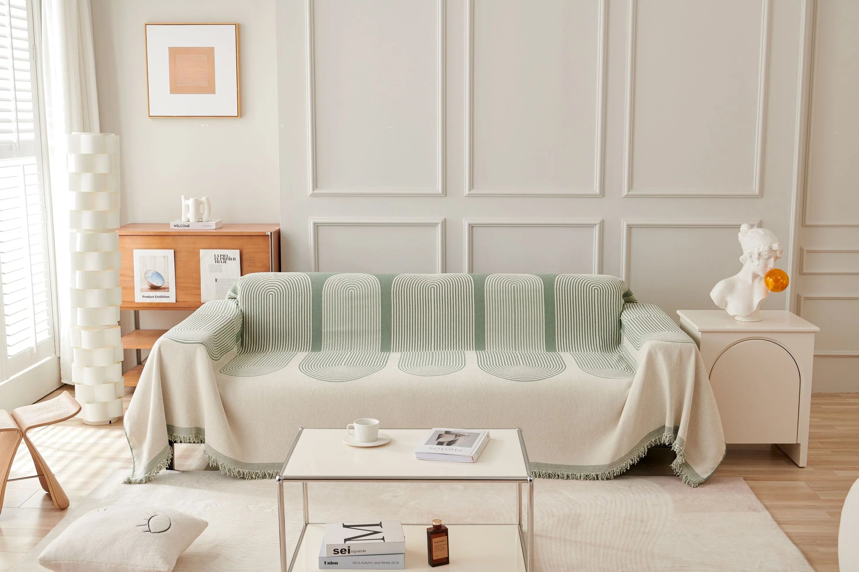Pistachio Green Chenille Sofa Throw Tassels Home Textile