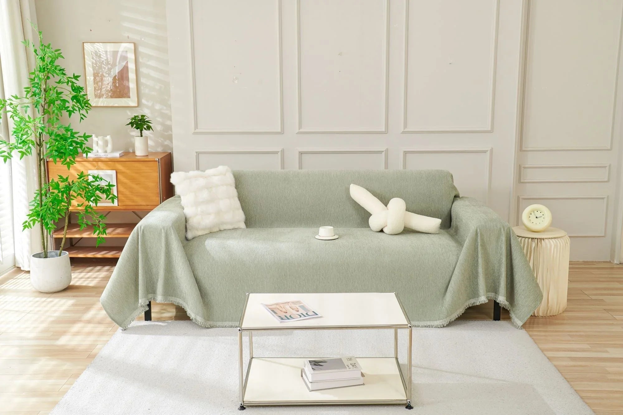 Sage Green Sofa Throw Machine Washable Double Stitching