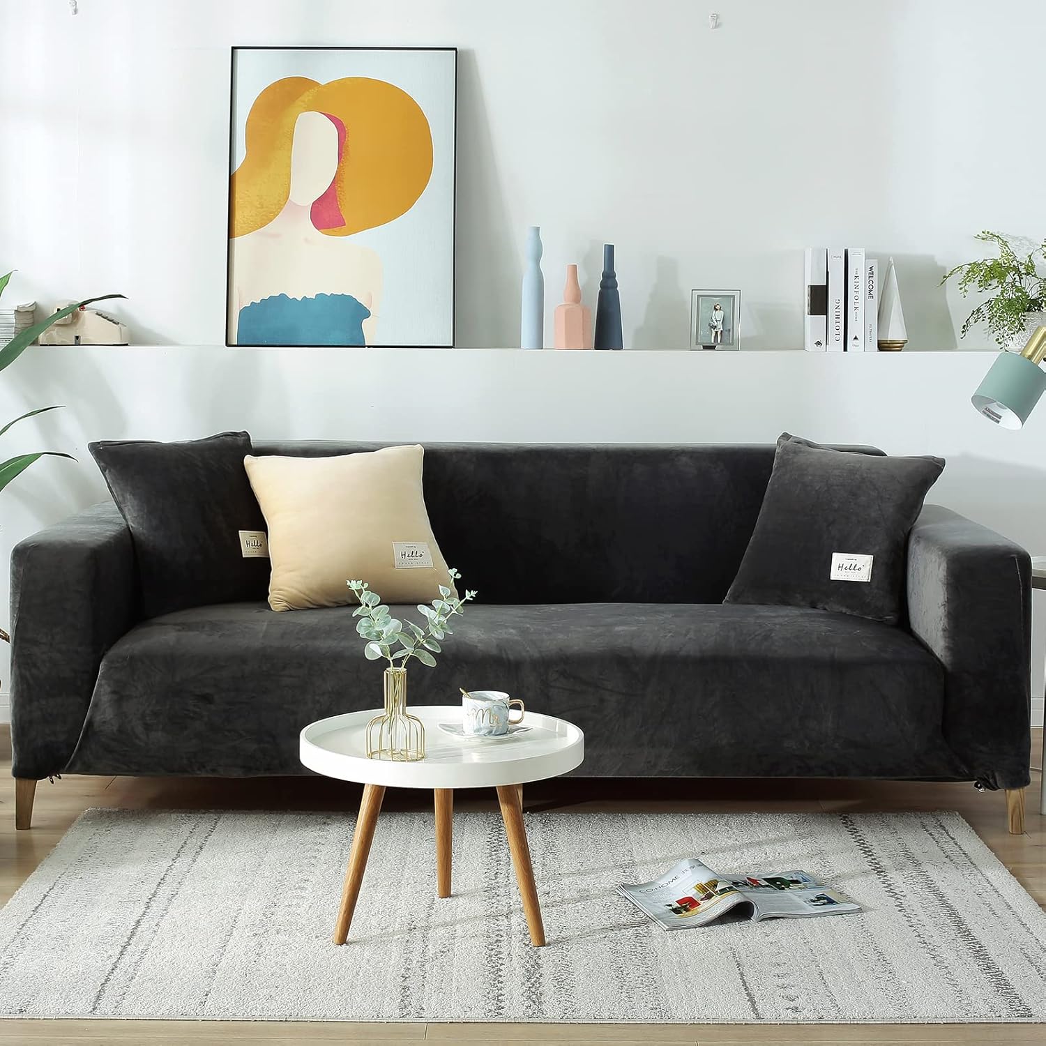 Sofa Cover with Elastic Hem and Cushion Pockets