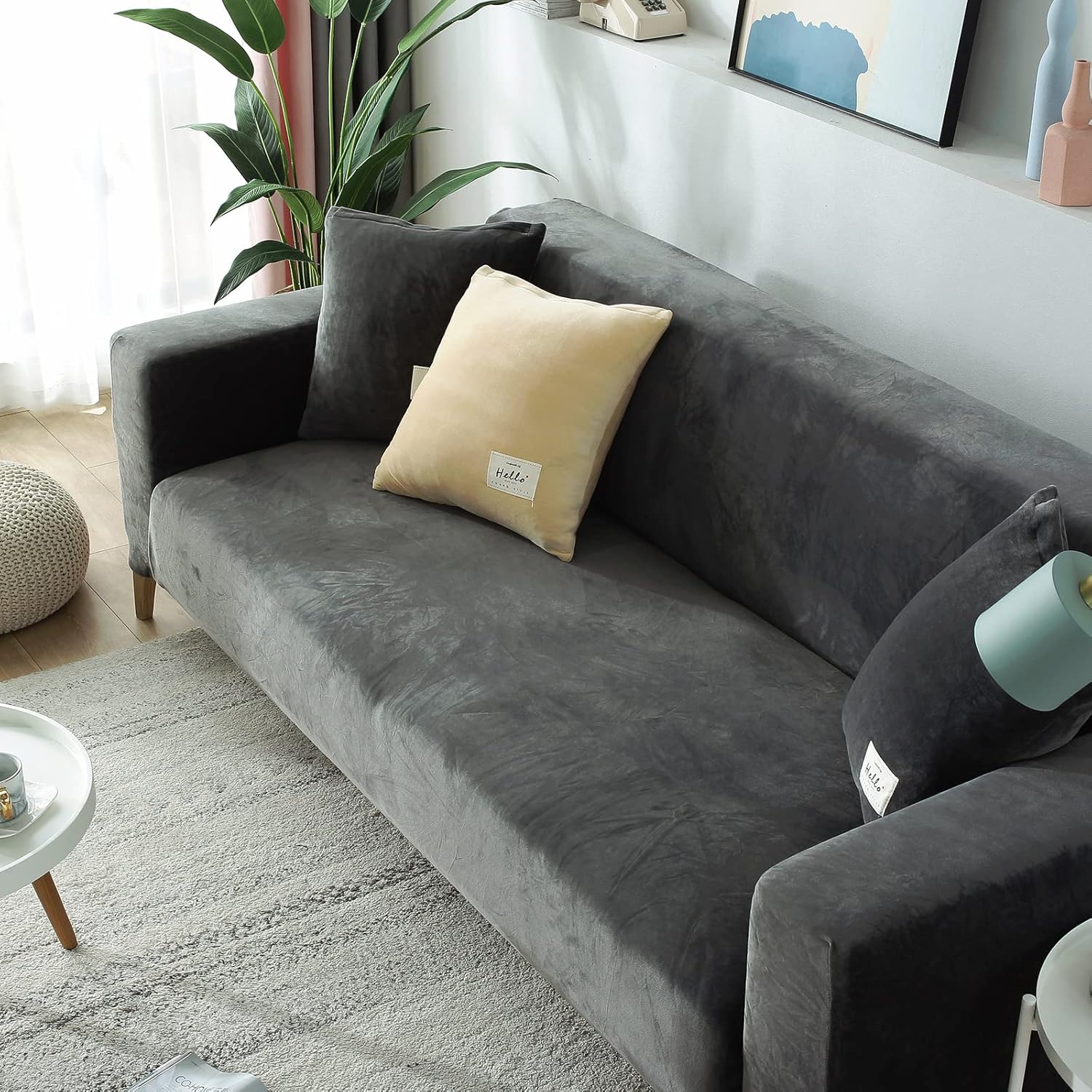 Sofa Cover with Elastic Hem and Cushion Pockets