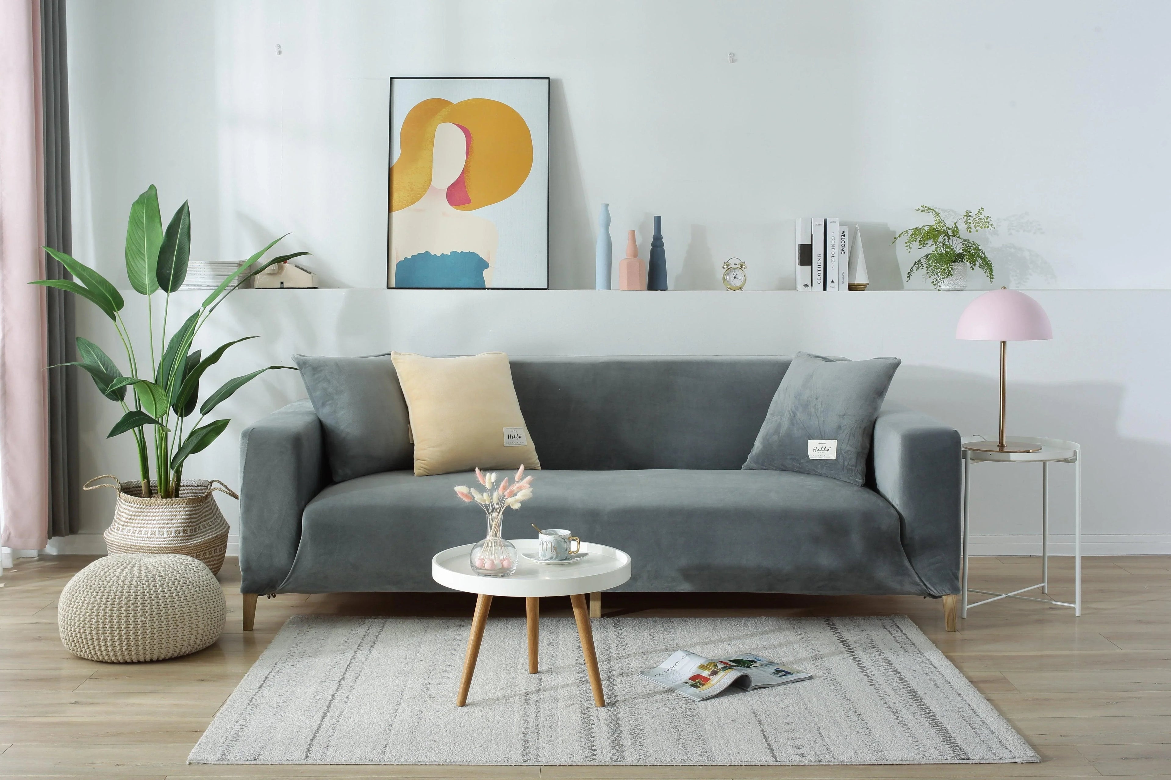 Stretch Sofa Cover Velvet Light Grey One to Four Seater