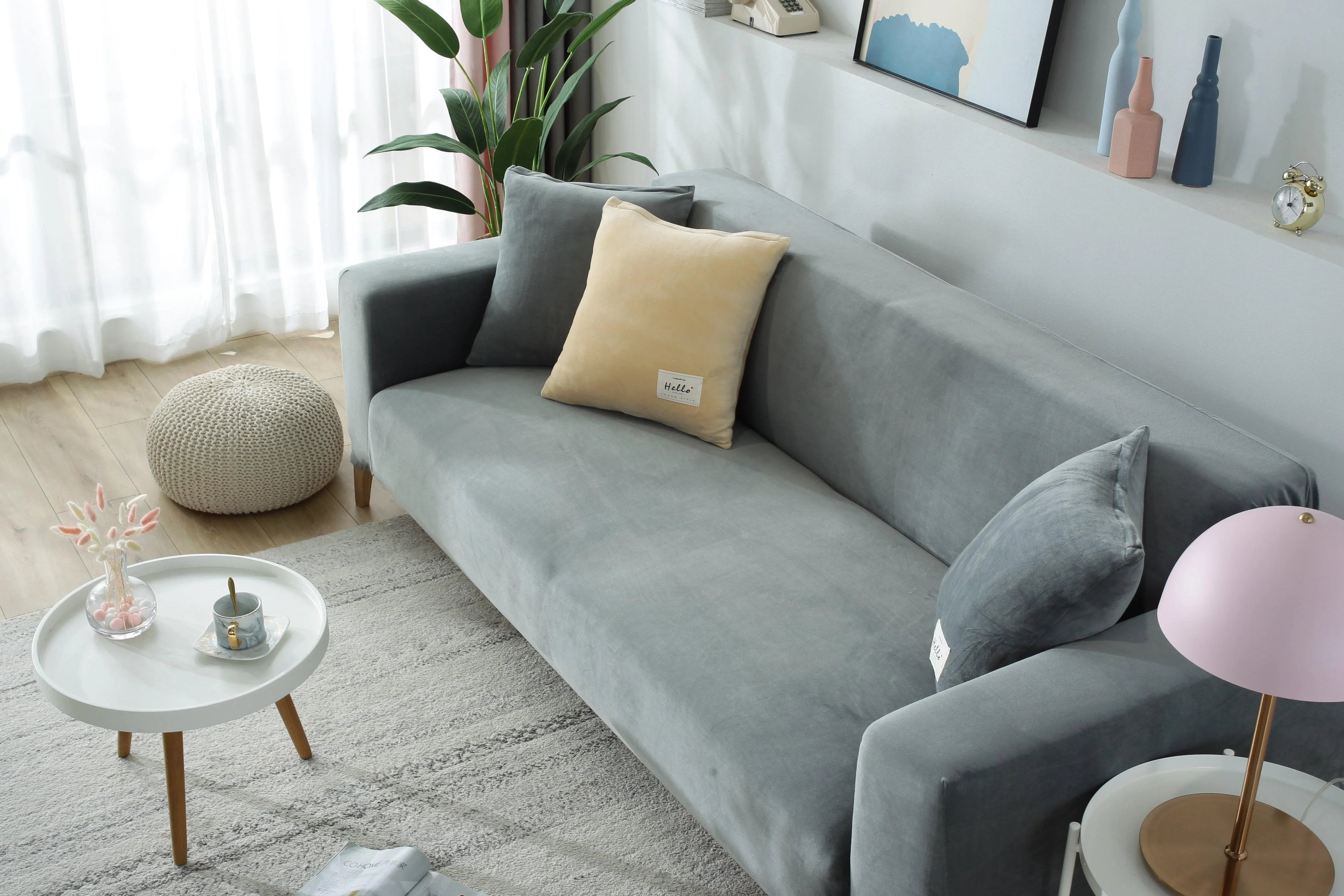 Stretch Sofa Cover Velvet Light Grey One to Four Seater