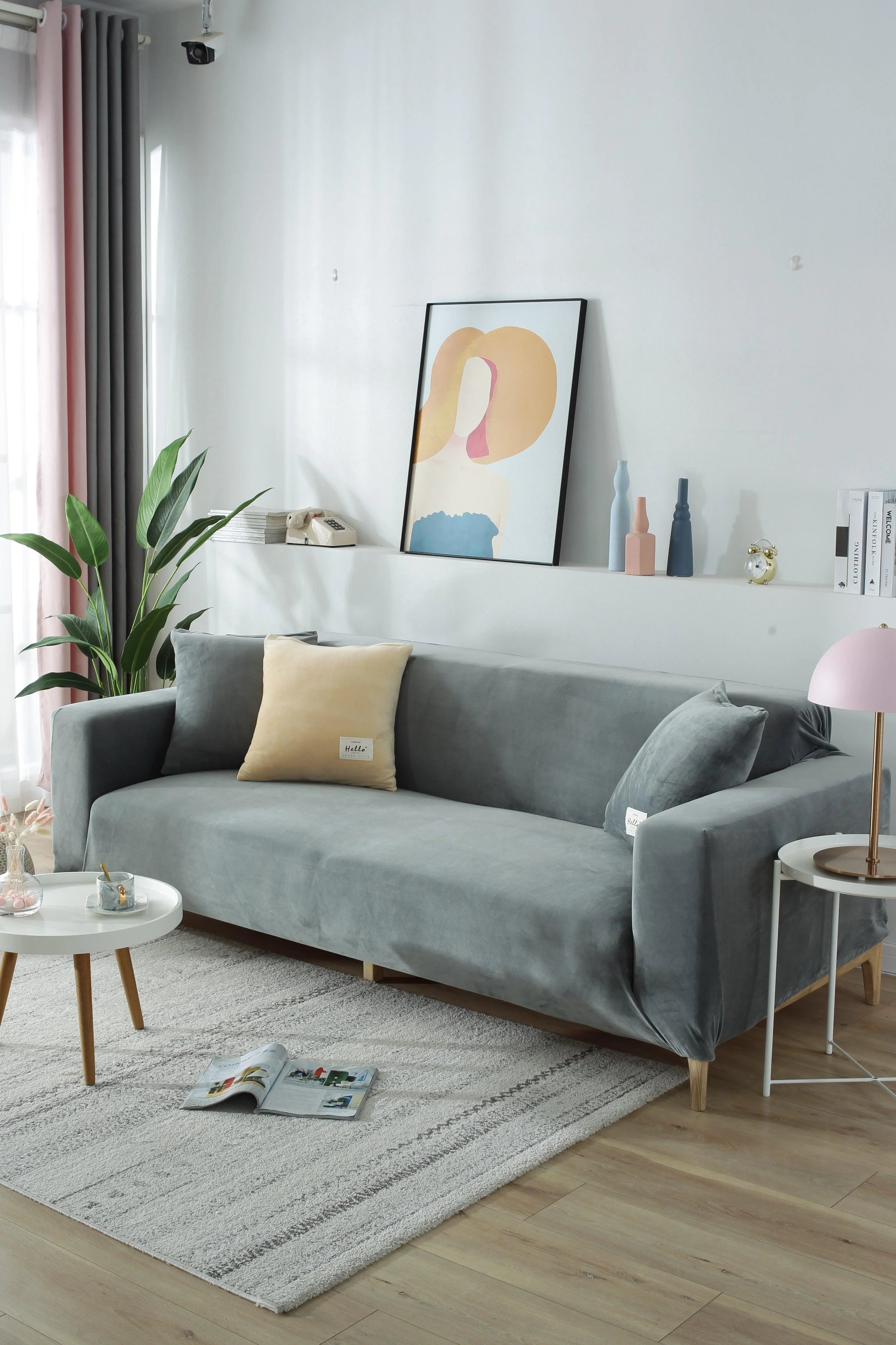 Stretch Sofa Cover Velvet Light Grey One to Four Seater
