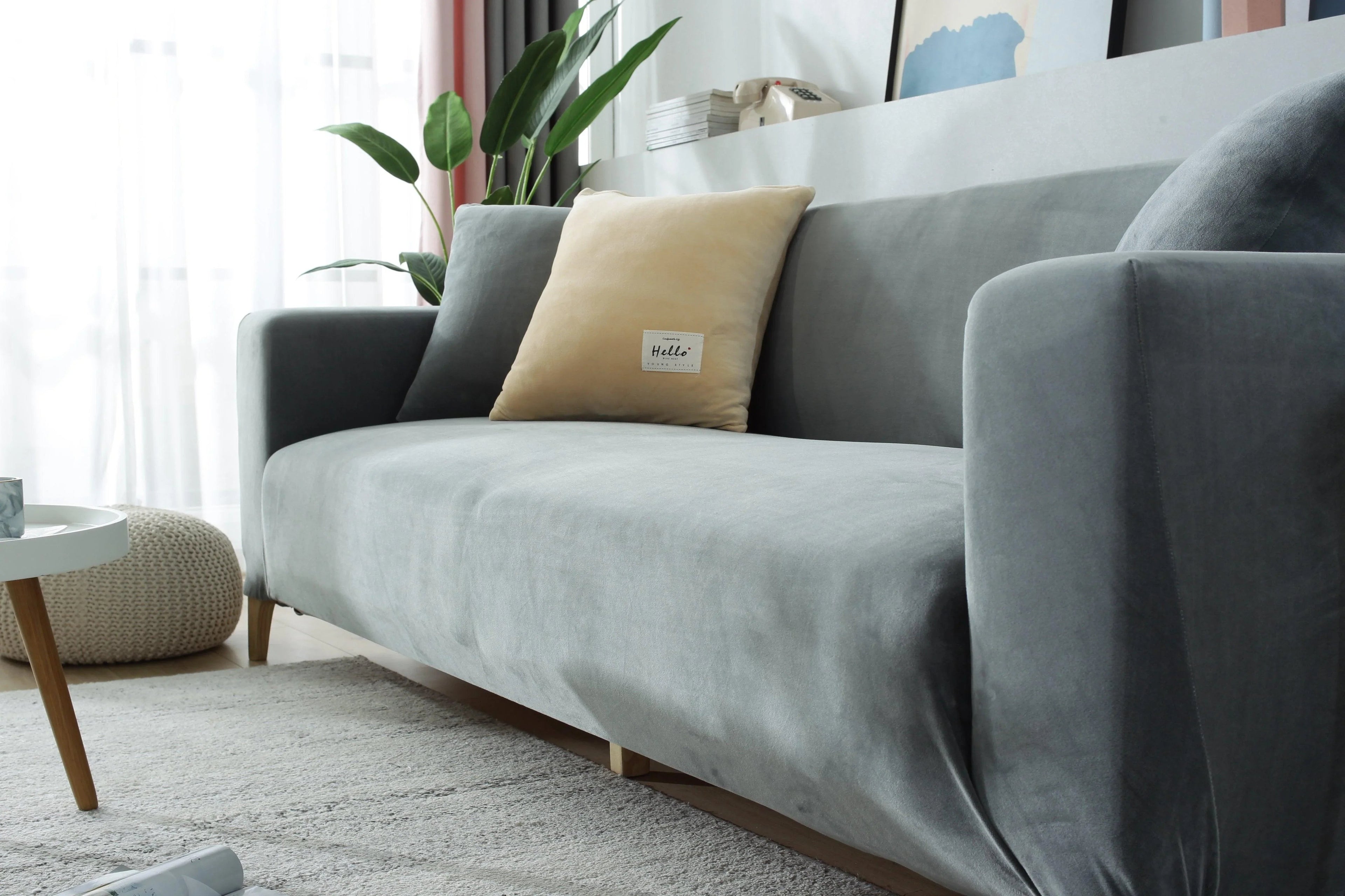 Stretch Sofa Cover Velvet Light Grey One to Four Seater