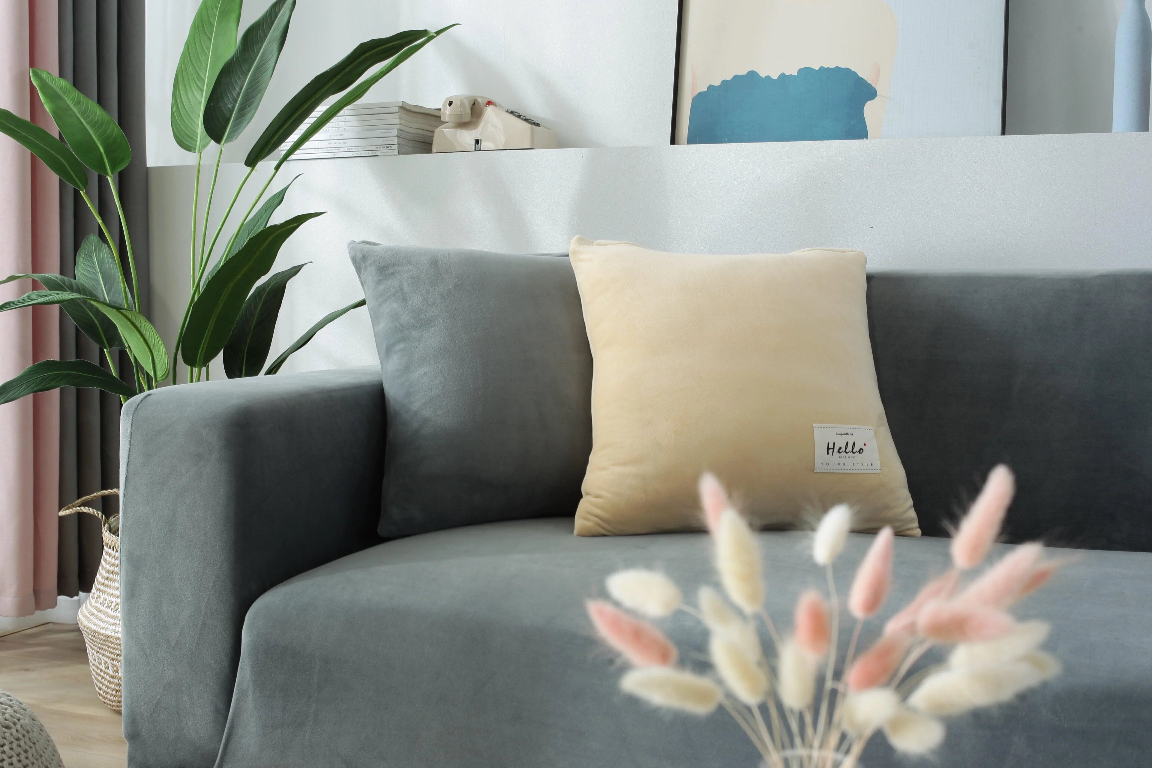 Stretch Sofa Cover Velvet Light Grey One to Four Seater
