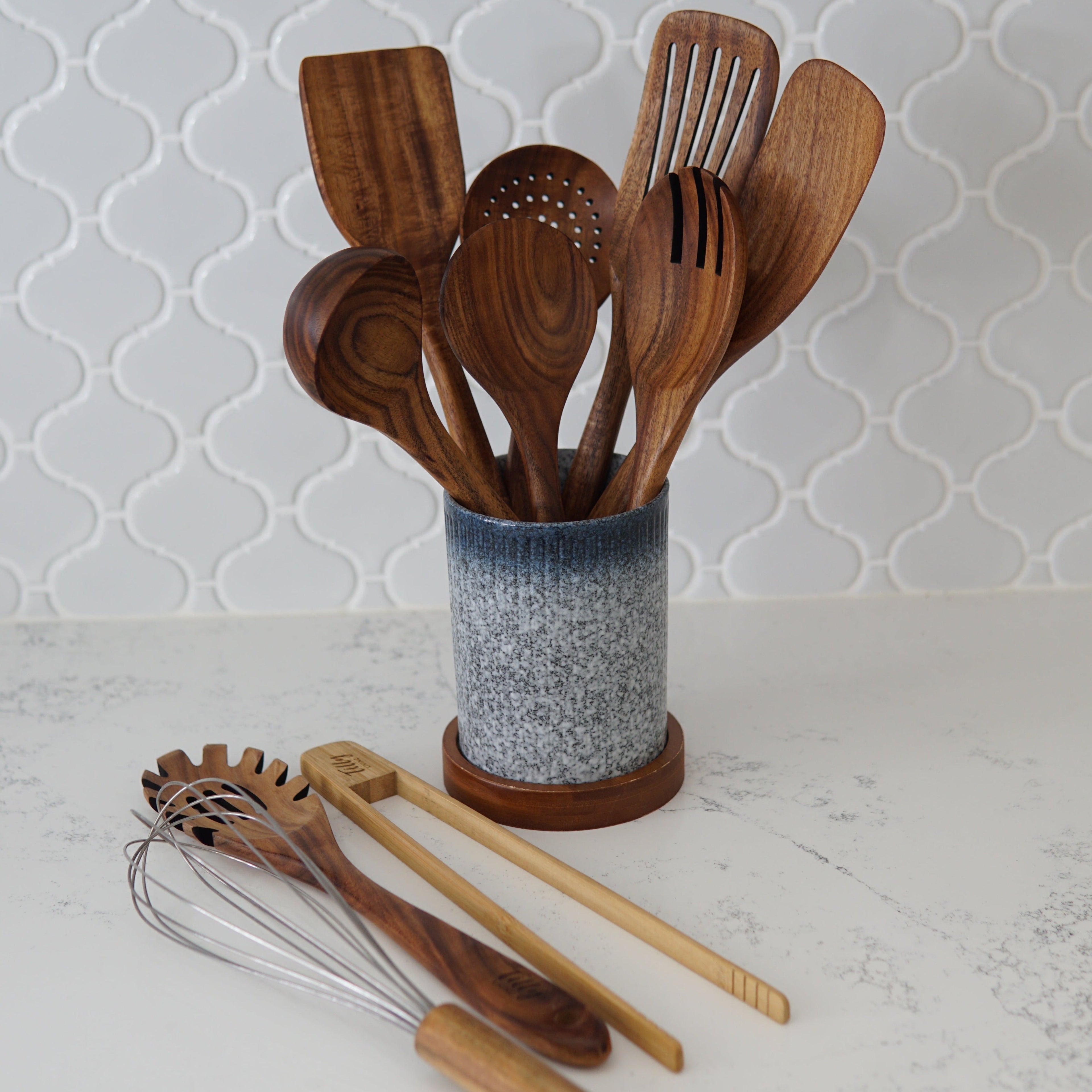 Teak wood kitchen utensil set ten piece assortment