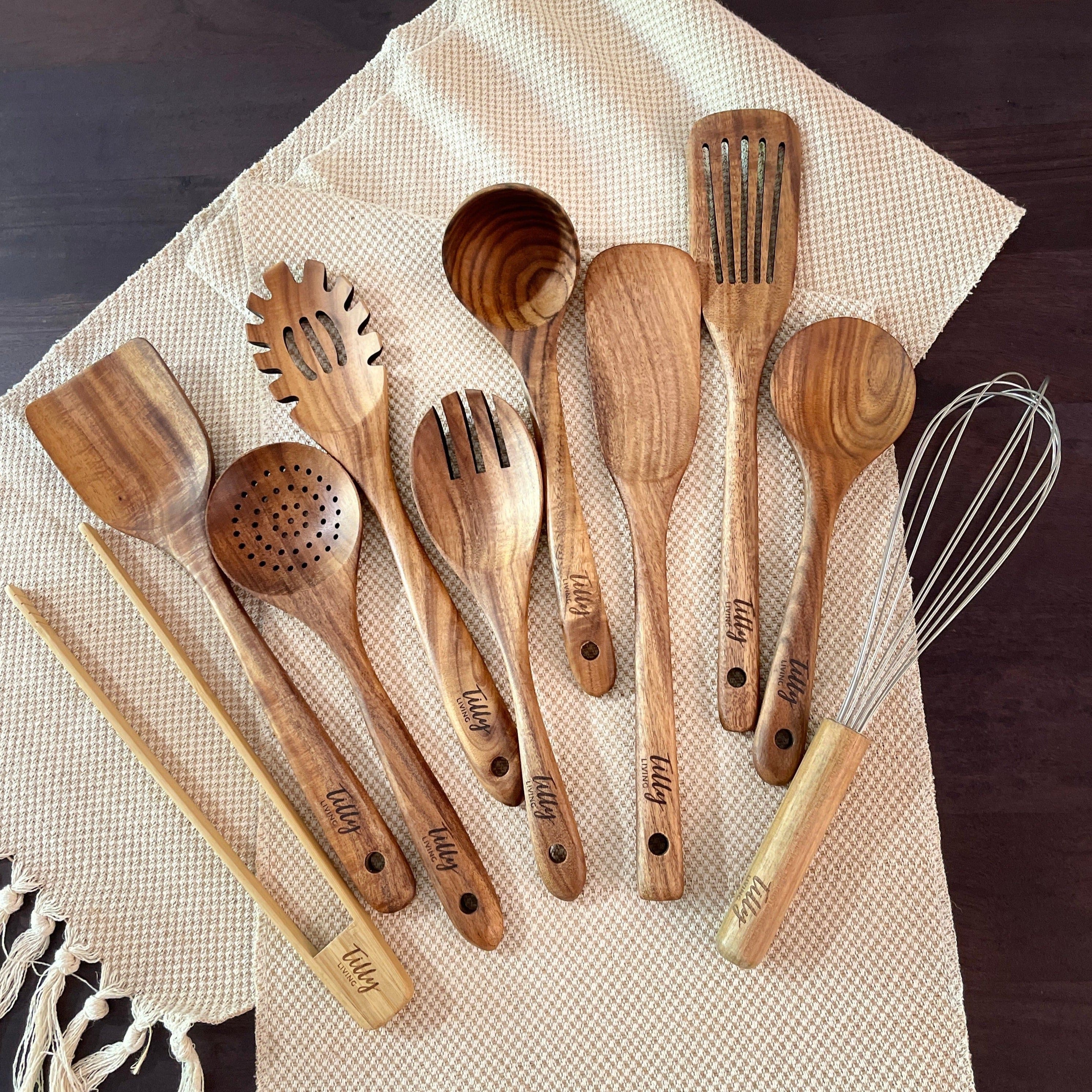 Teak wood kitchen utensil set ten piece assortment