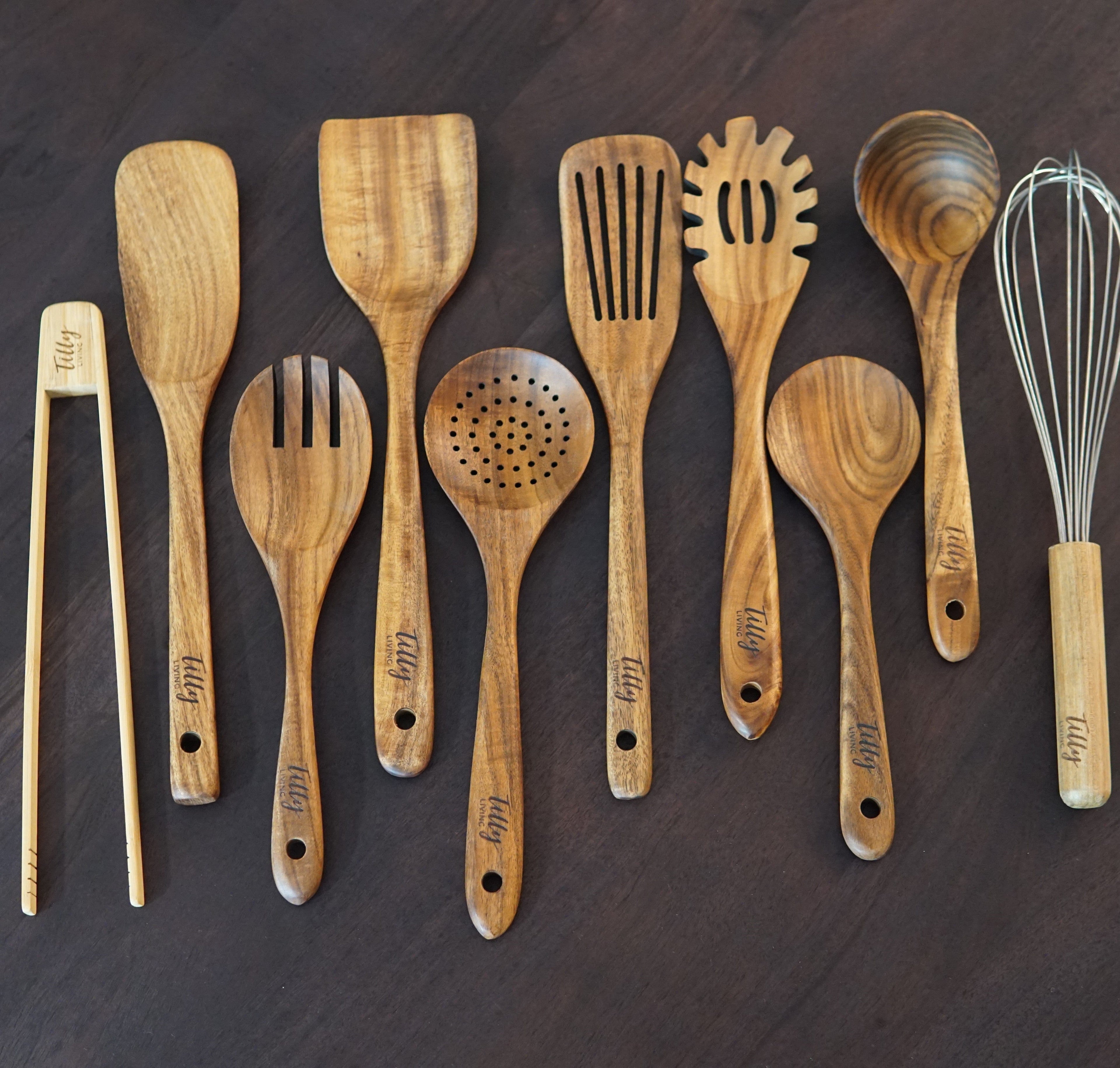 Teak wood kitchen utensil set ten piece assortment