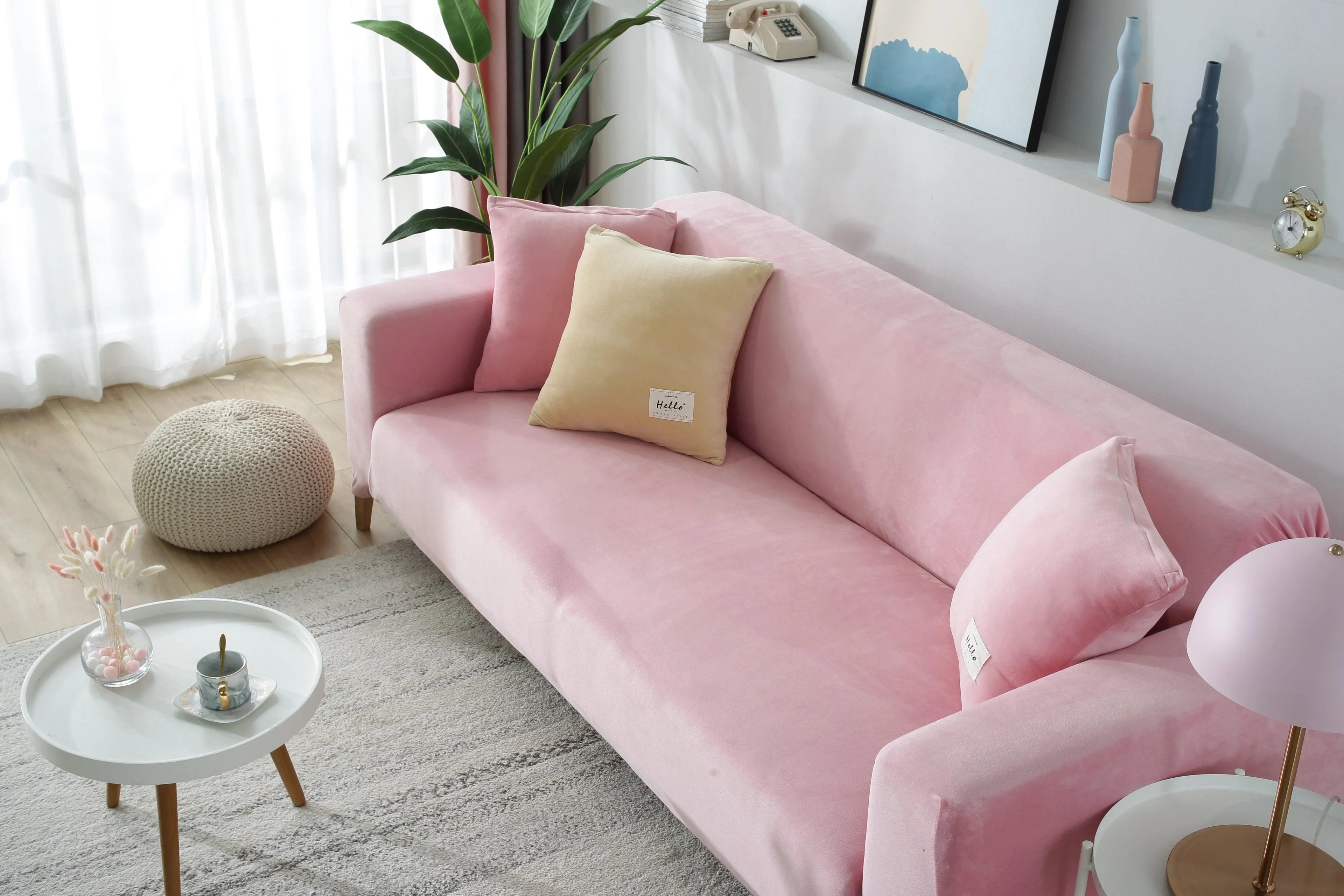 Velvet Sofa Cover Pink Stretch Universal Fit Cover