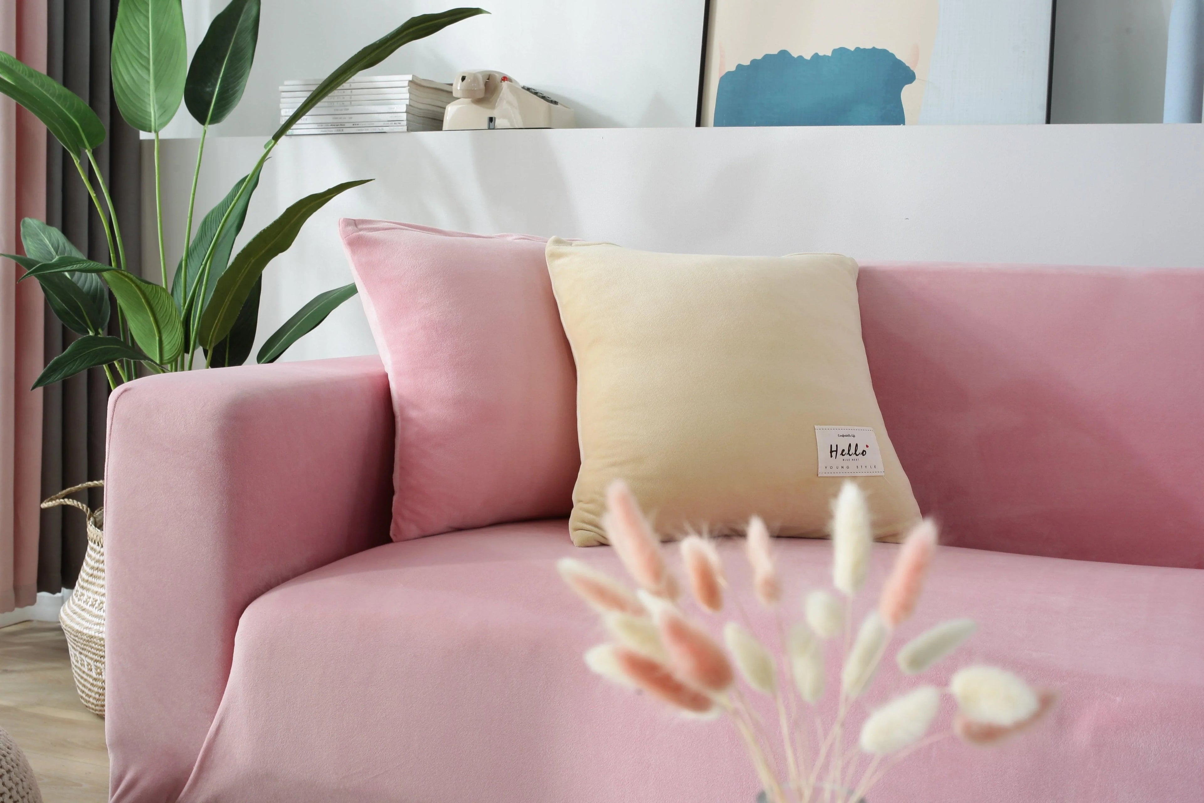 Velvet Sofa Cover Pink Stretch Universal Fit Cover
