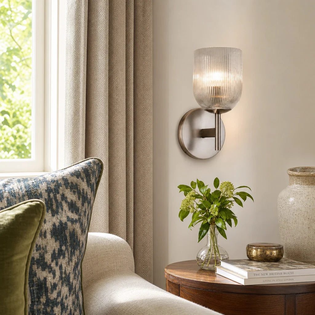 Ribbed Glass Metal Wall Lamp with E12 Bulb Base