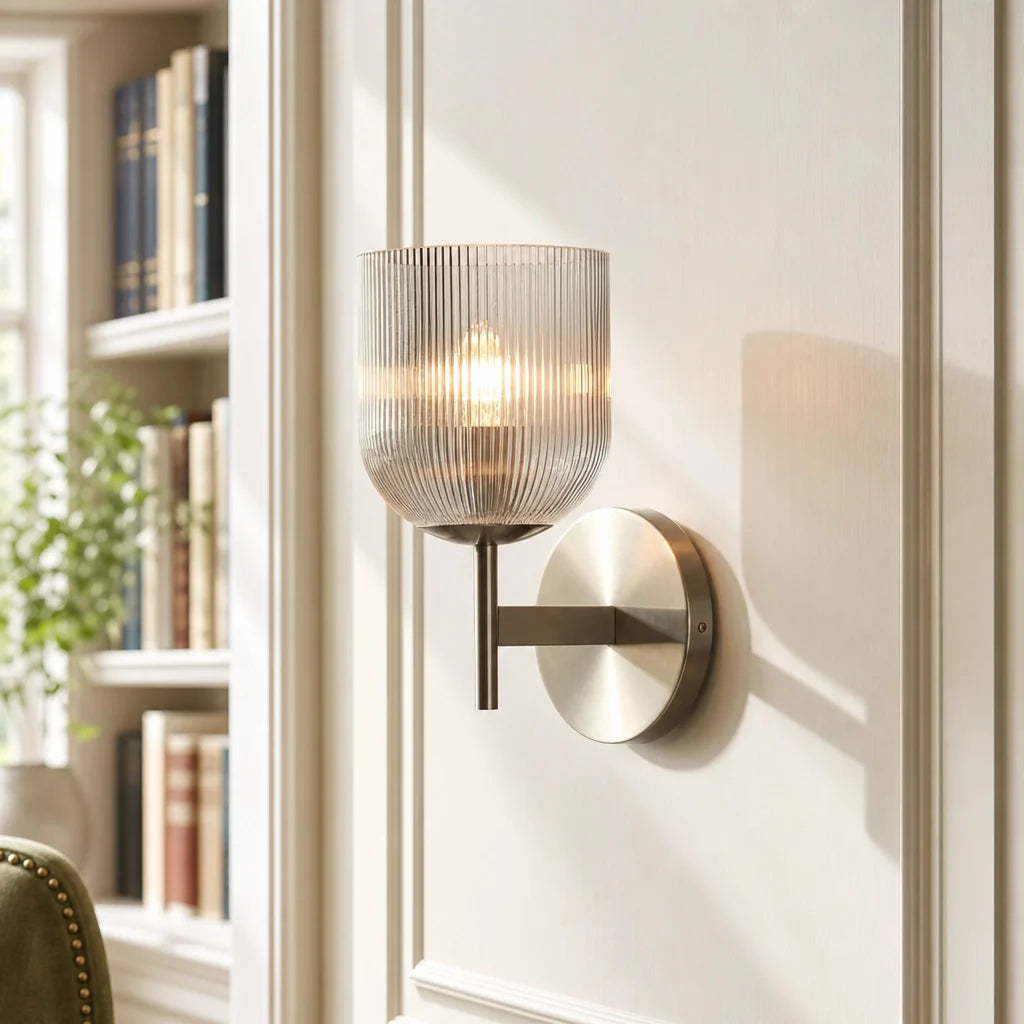 Ribbed Glass Metal Wall Lamp with E12 Bulb Base