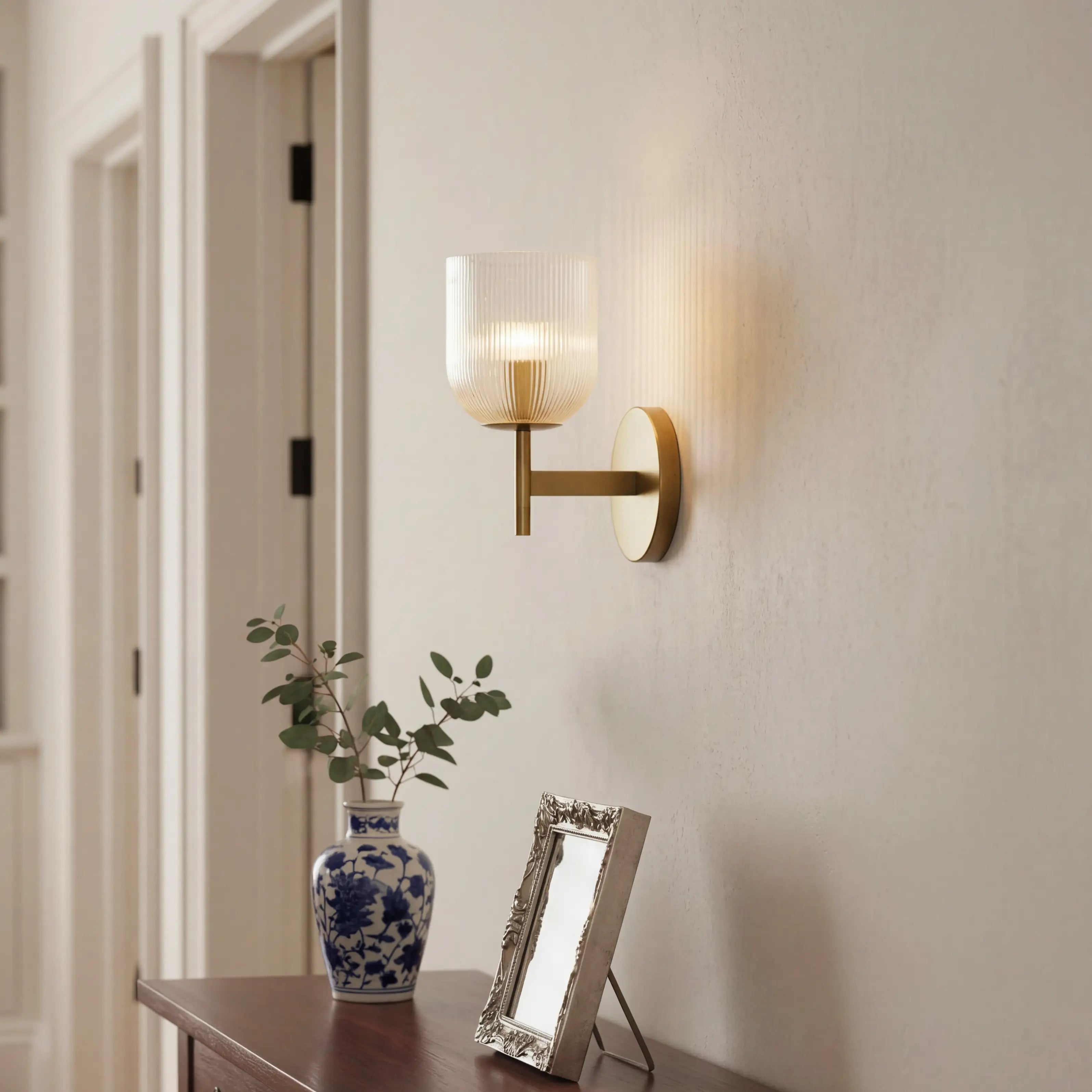 Ribbed Glass Metal Wall Lamp with E12 Bulb Base